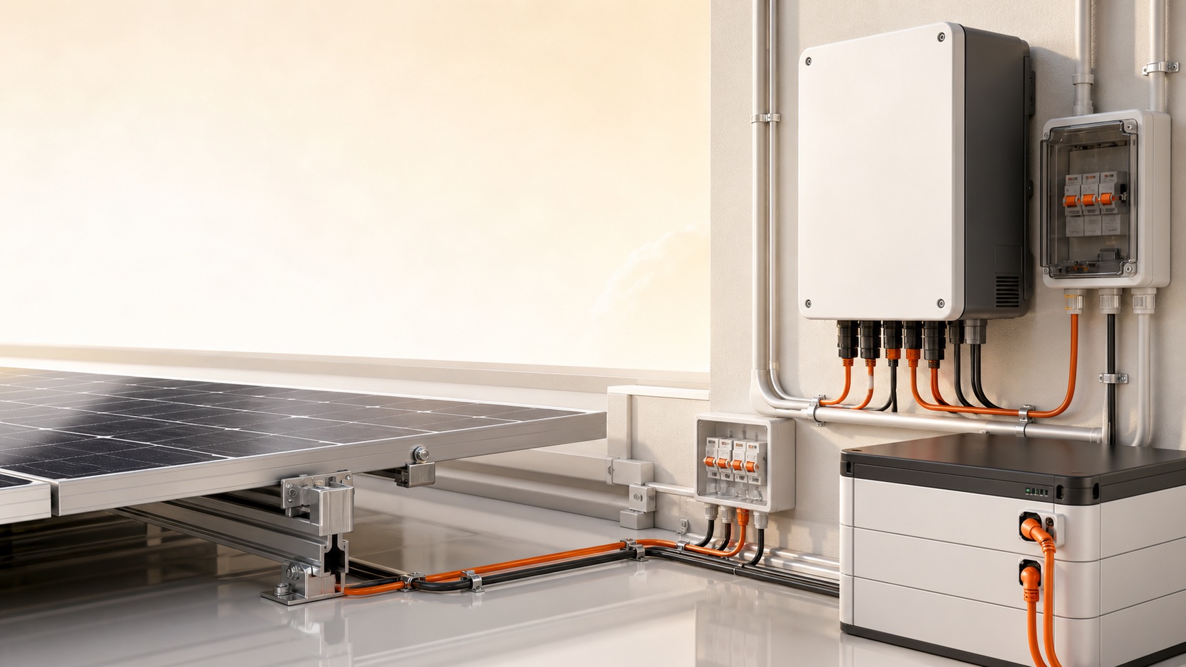 Complete solar system with panels, inverter, protection, mounting, and battery components