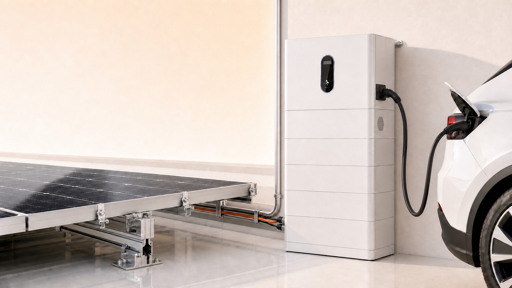 Solar panels and precision mounting connected by premium cabling to an all-in-one inverter and battery system charging an electric vehicle